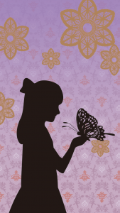 影になった少女が大きな蝶々を手に乗せているイラスト